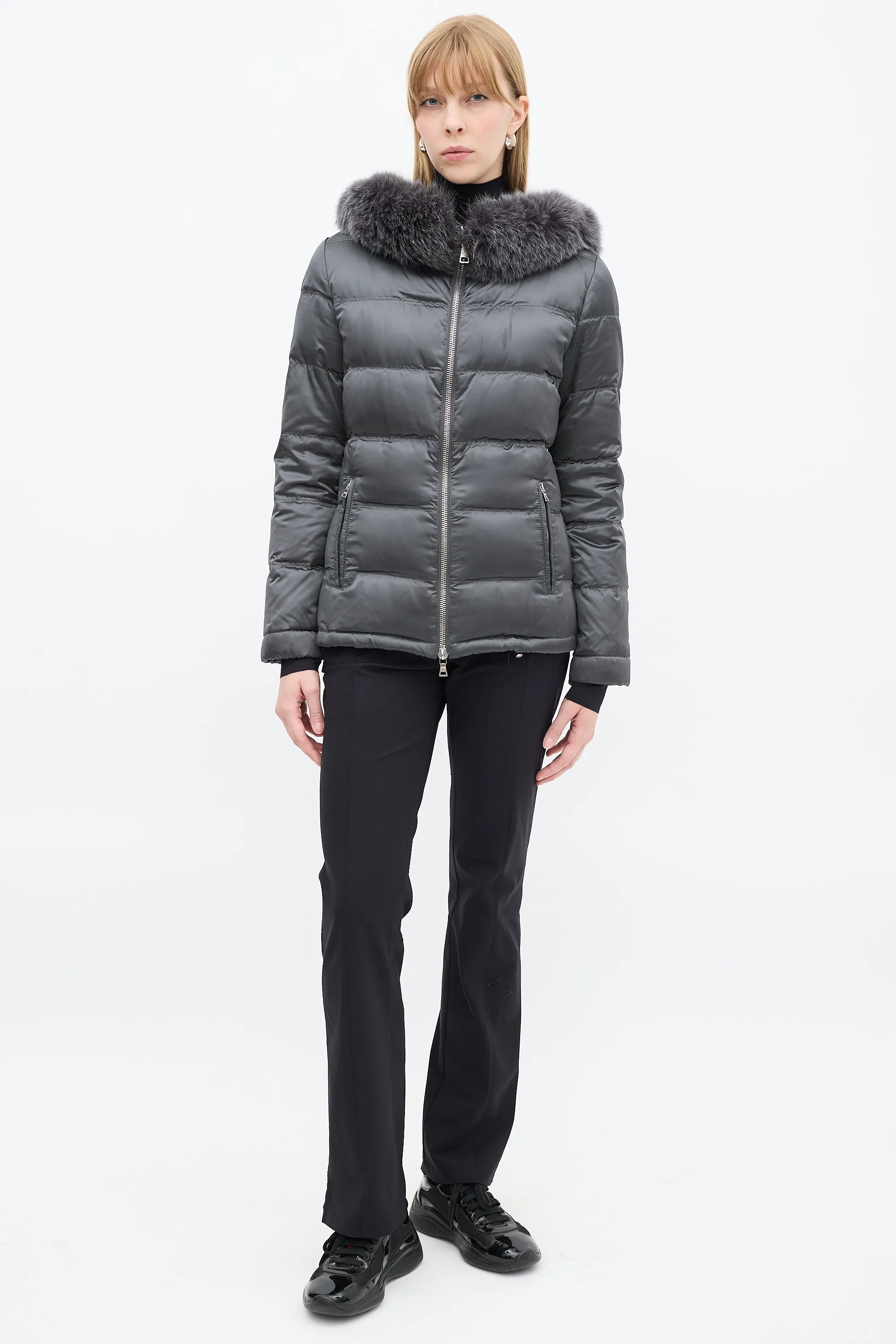 Sport Dark Grey Nylon Fur Hood Down Puffer Jacket