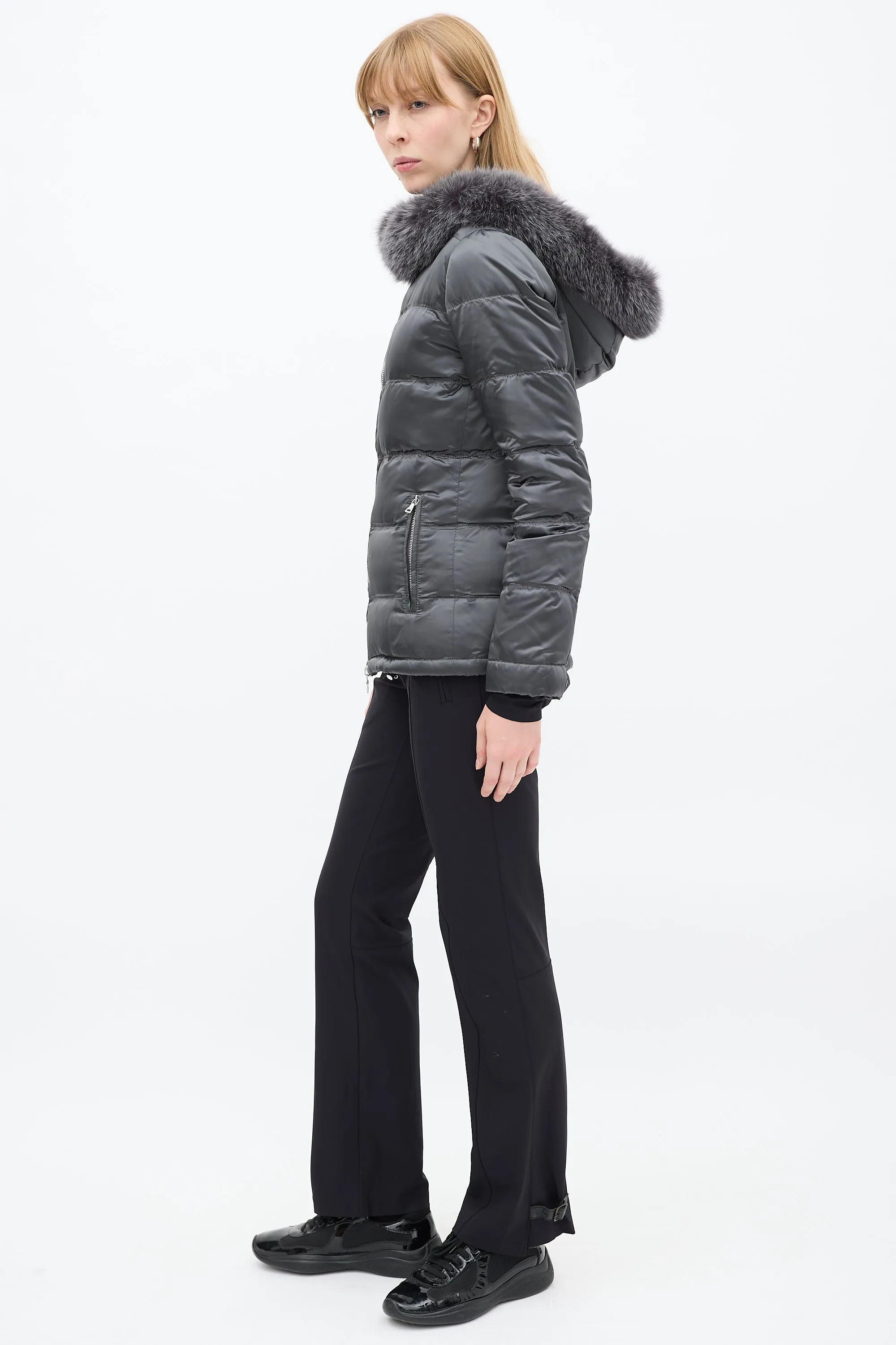 Sport Dark Grey Nylon Fur Hood Down Puffer Jacket