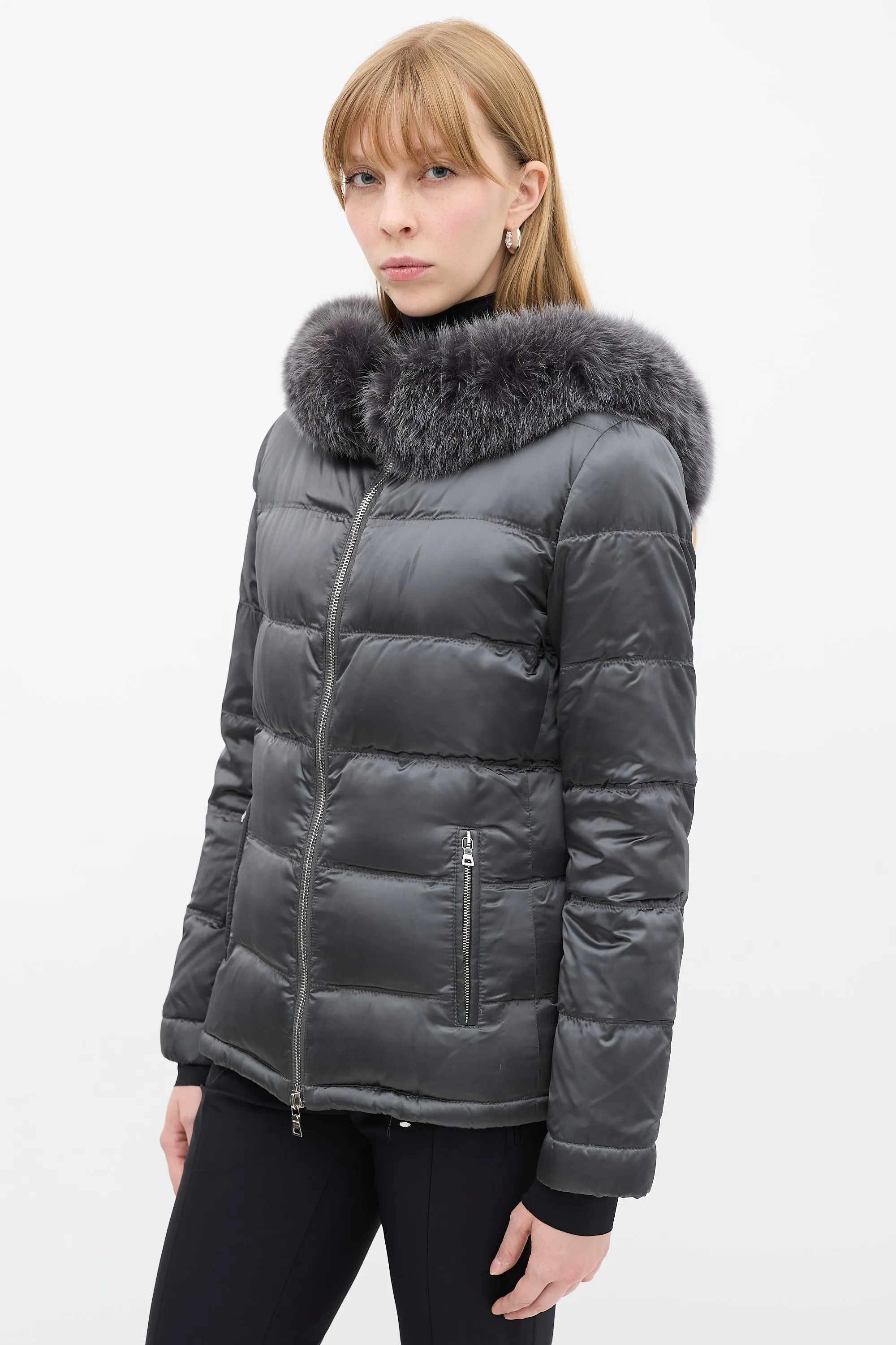 Sport Dark Grey Nylon Fur Hood Down Puffer Jacket