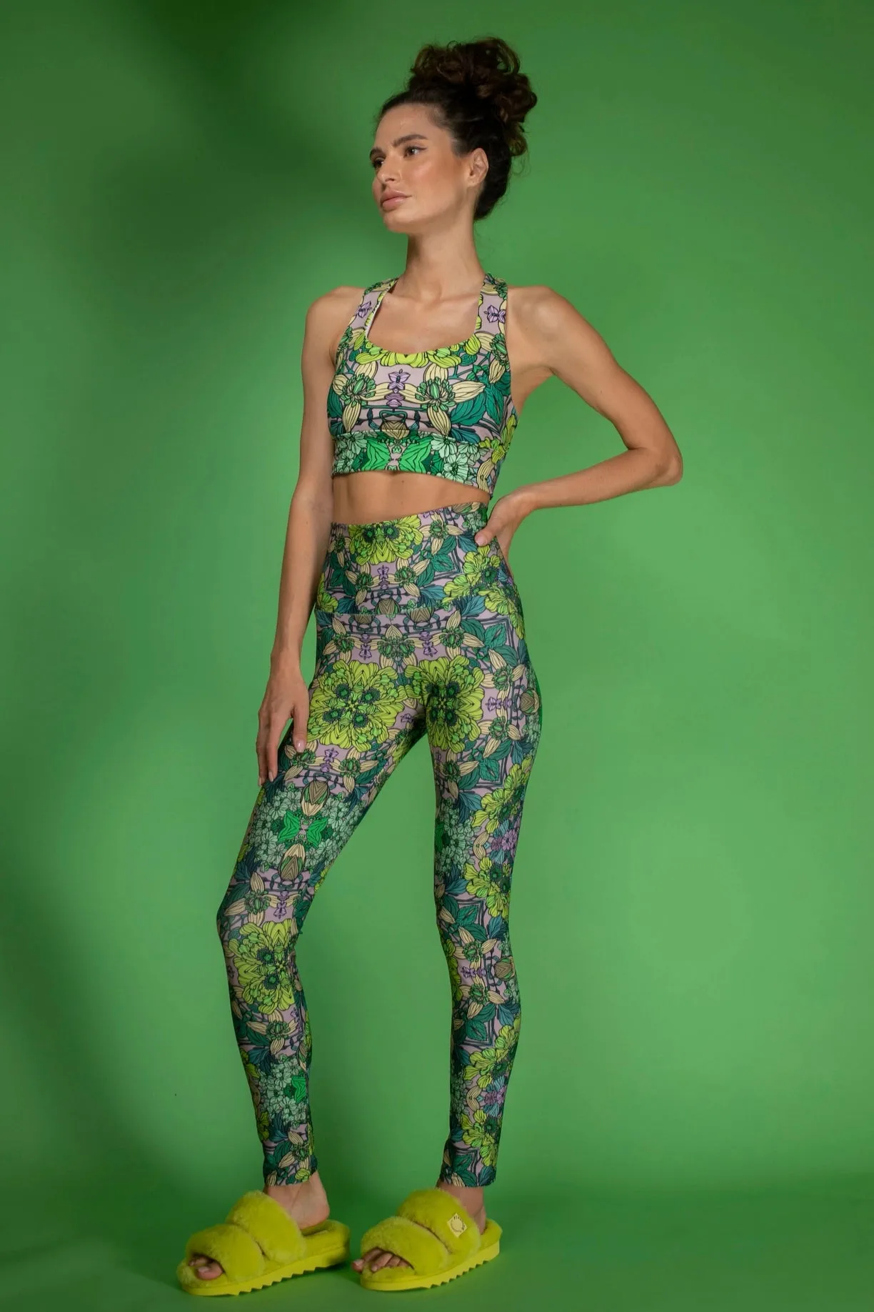 Stretchy Psychedelic Botanical Printed Green Garden Leggings