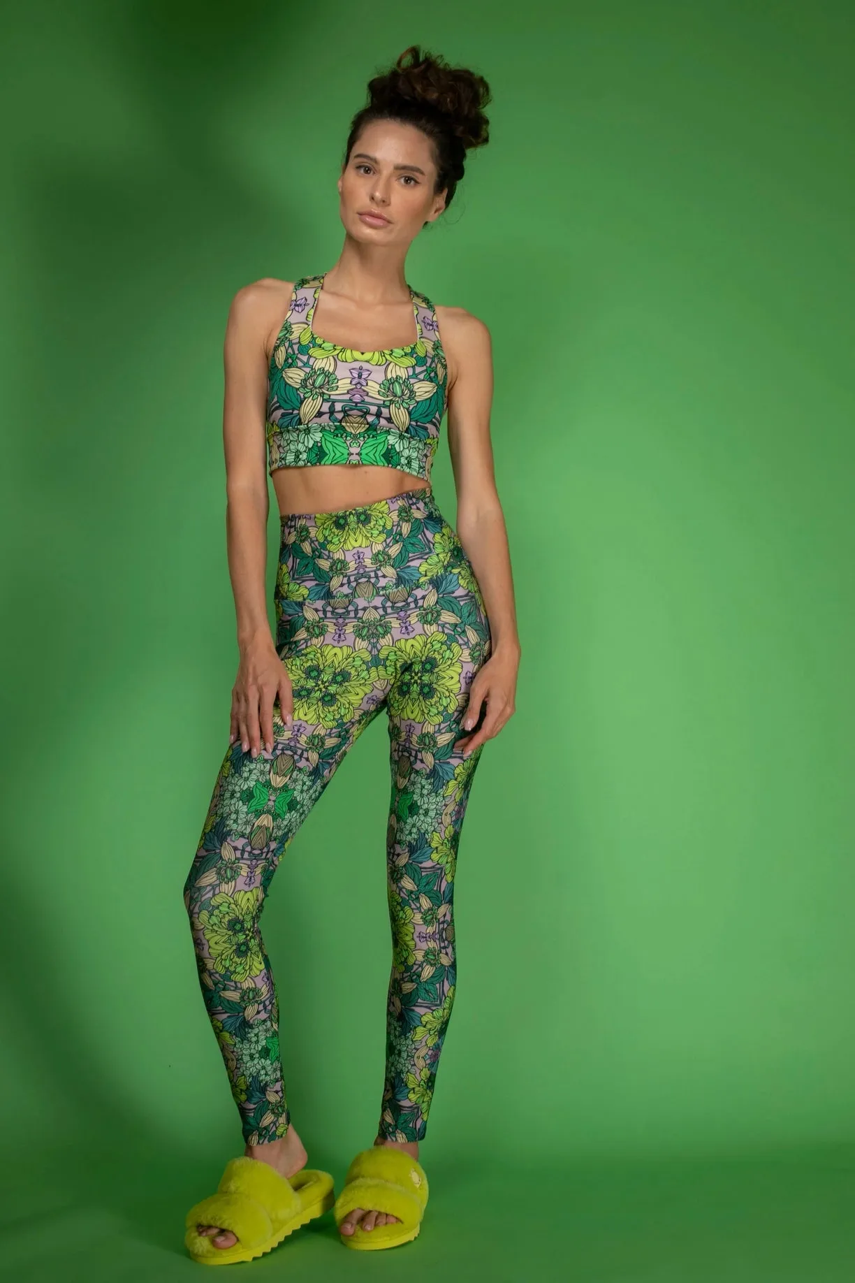 Stretchy Psychedelic Botanical Printed Green Garden Leggings