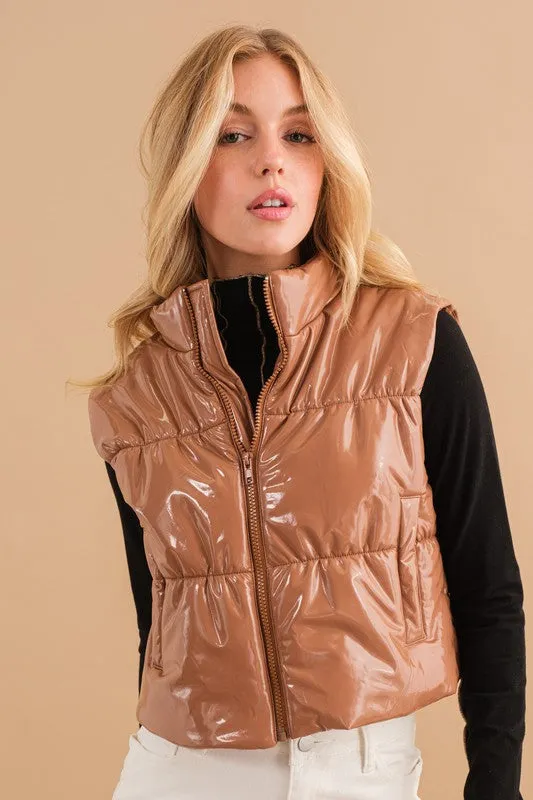 Stylish Shiny Glossy PU Quilted Puffer Fashion Zip Up Crop Fashion Vest