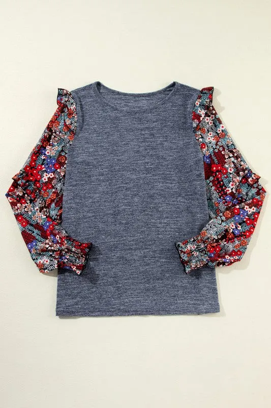 Women Ruffle Tiered Floral Sleeve Crew Neck Blouse