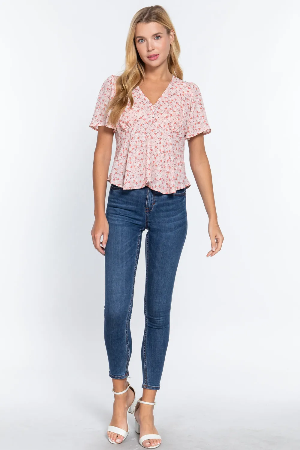 Women's Ruffle Slv W/back Tie Print Woven Top