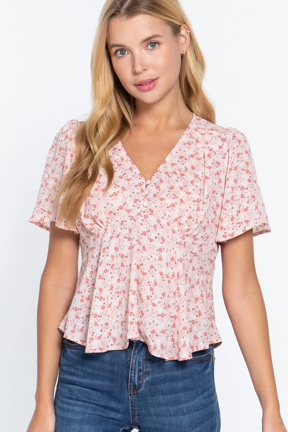 Women's Ruffle Slv W/back Tie Print Woven Top
