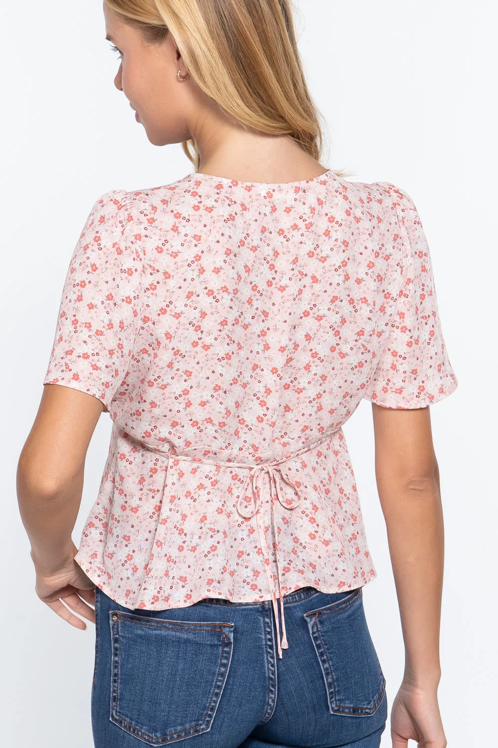 Women's Ruffle Slv W/back Tie Print Woven Top