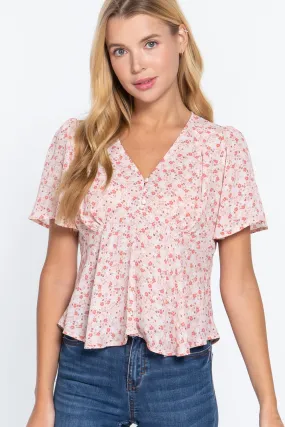 Women's Ruffle Slv W/back Tie Print Woven Top