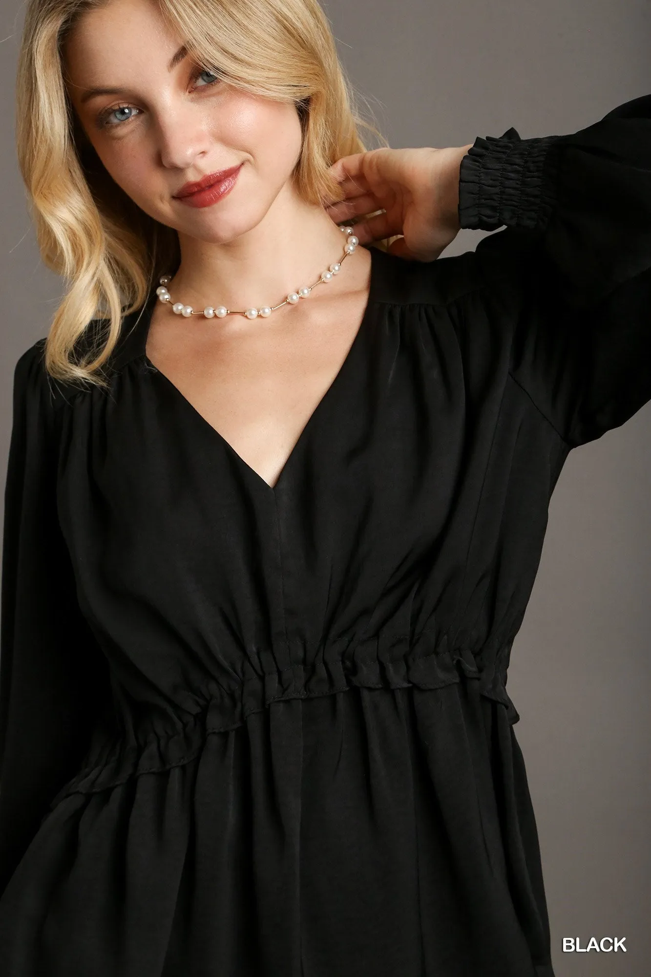 Women's Satin V-neck Ruffle Baby Doll Top With Cuffed Long Sleeve