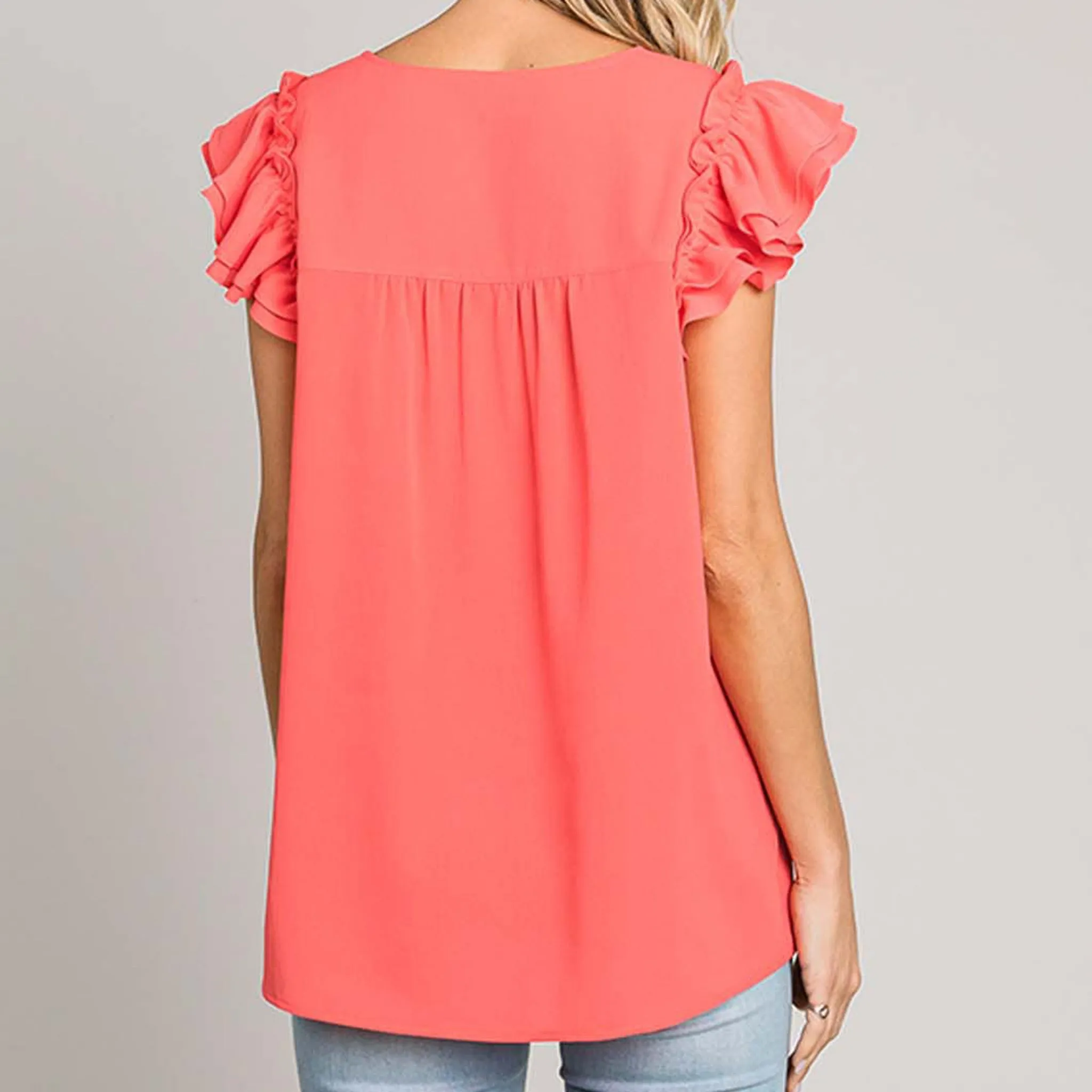 Women's Solid Bubble Ruffle Sleeve Top