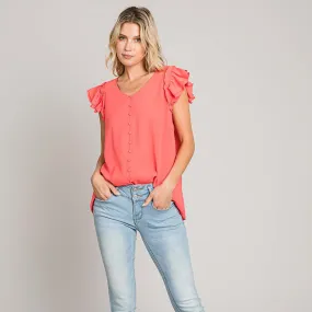 Women's Solid Bubble Ruffle Sleeve Top